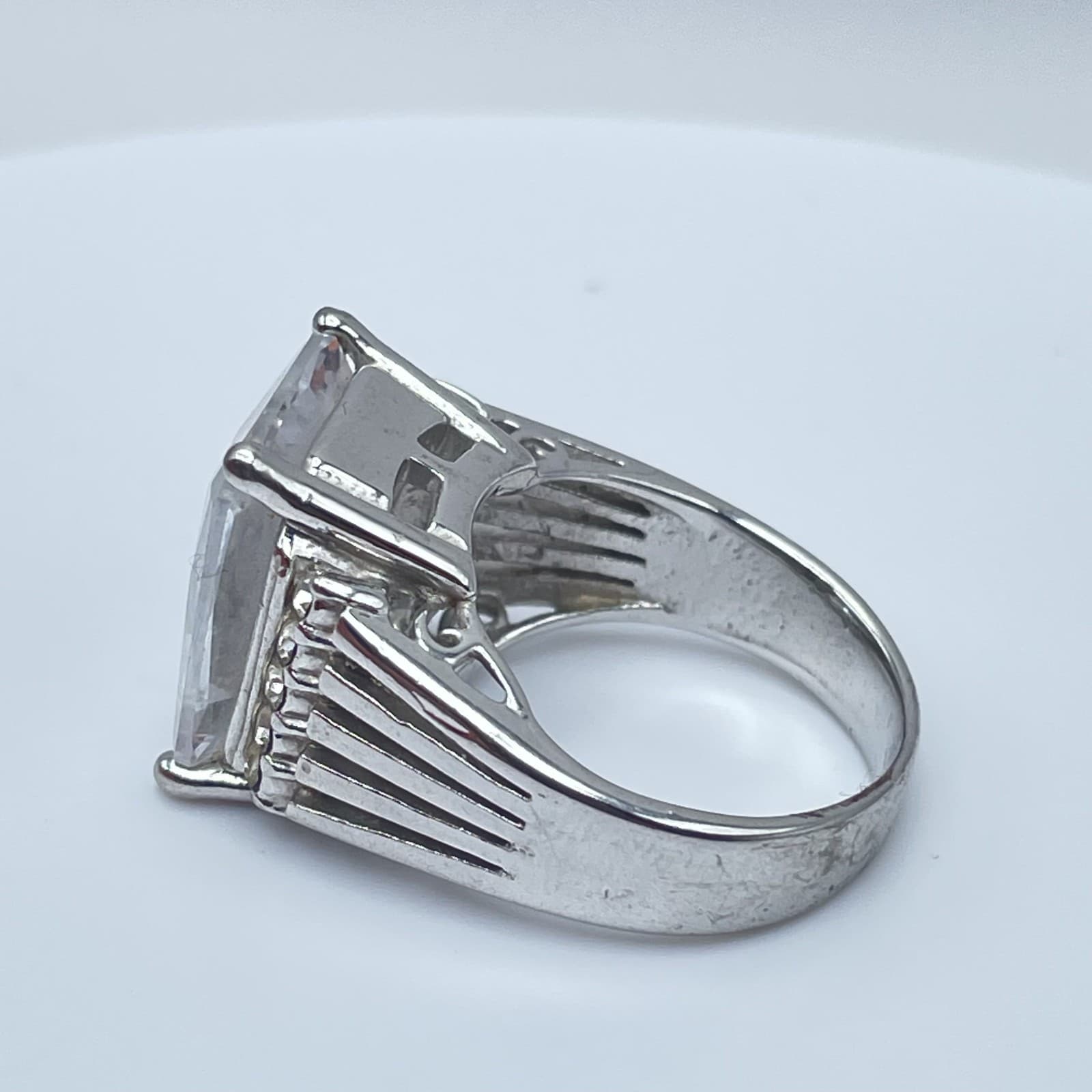 Large Emerald Cut Clear CZ Statement Ring Silver Tone Cocktail Jewelry Size 6.5 - Thumbnail 3