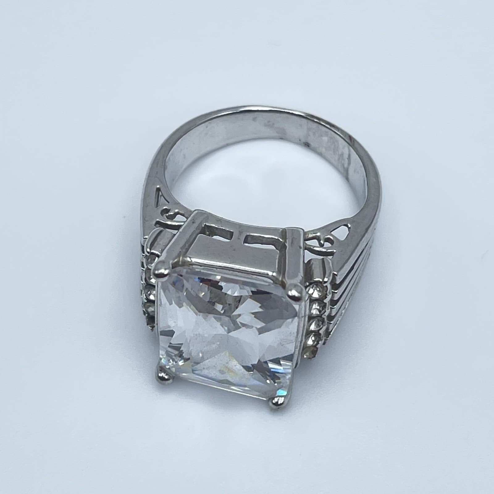 Large Emerald Cut Clear CZ Statement Ring Silver Tone Cocktail Jewelry Size 6.5 - Thumbnail 2