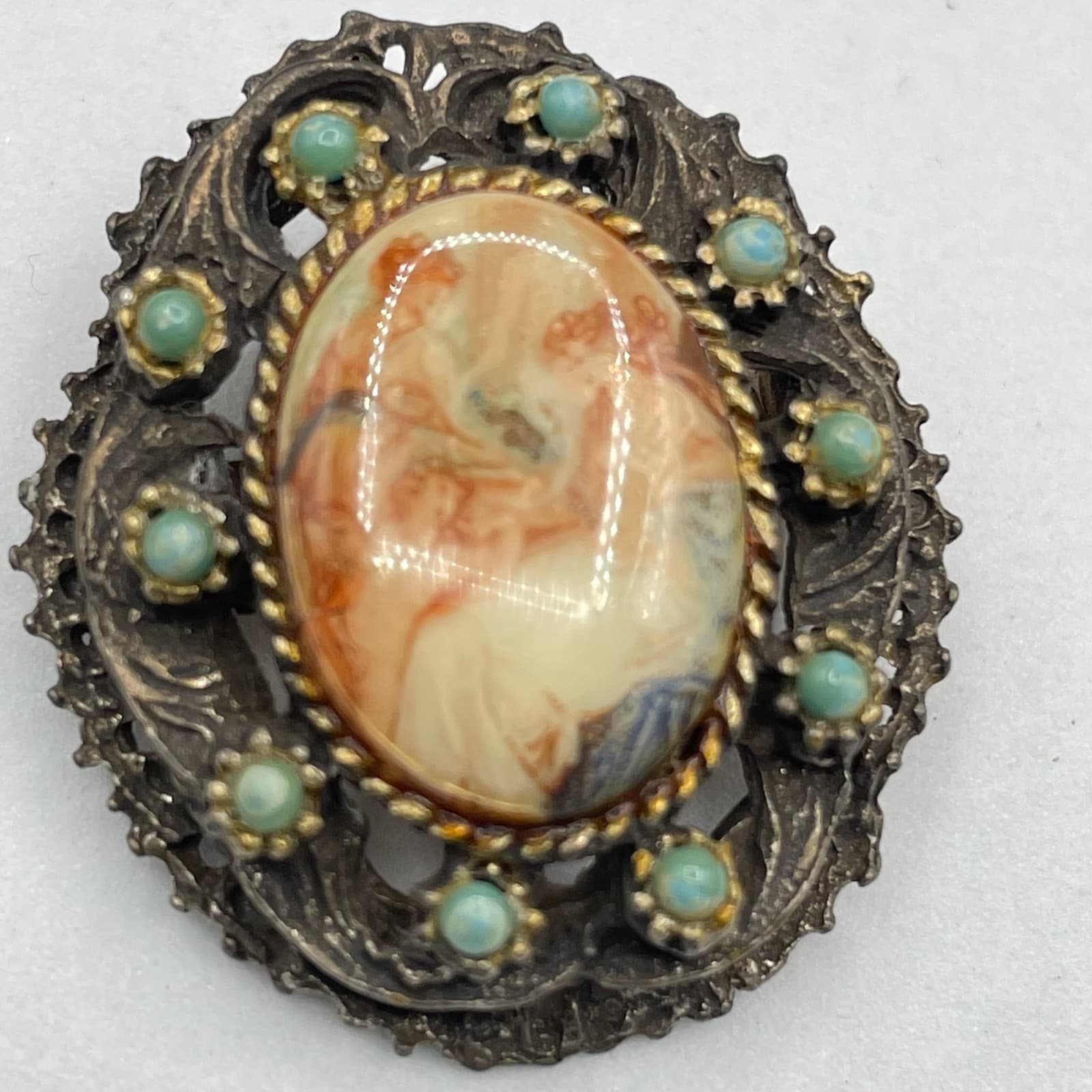 Vintage Victorian Classic Filigree Turquoise Transfer-Ware Beaded Cameo Brooch - Thumbnail 2