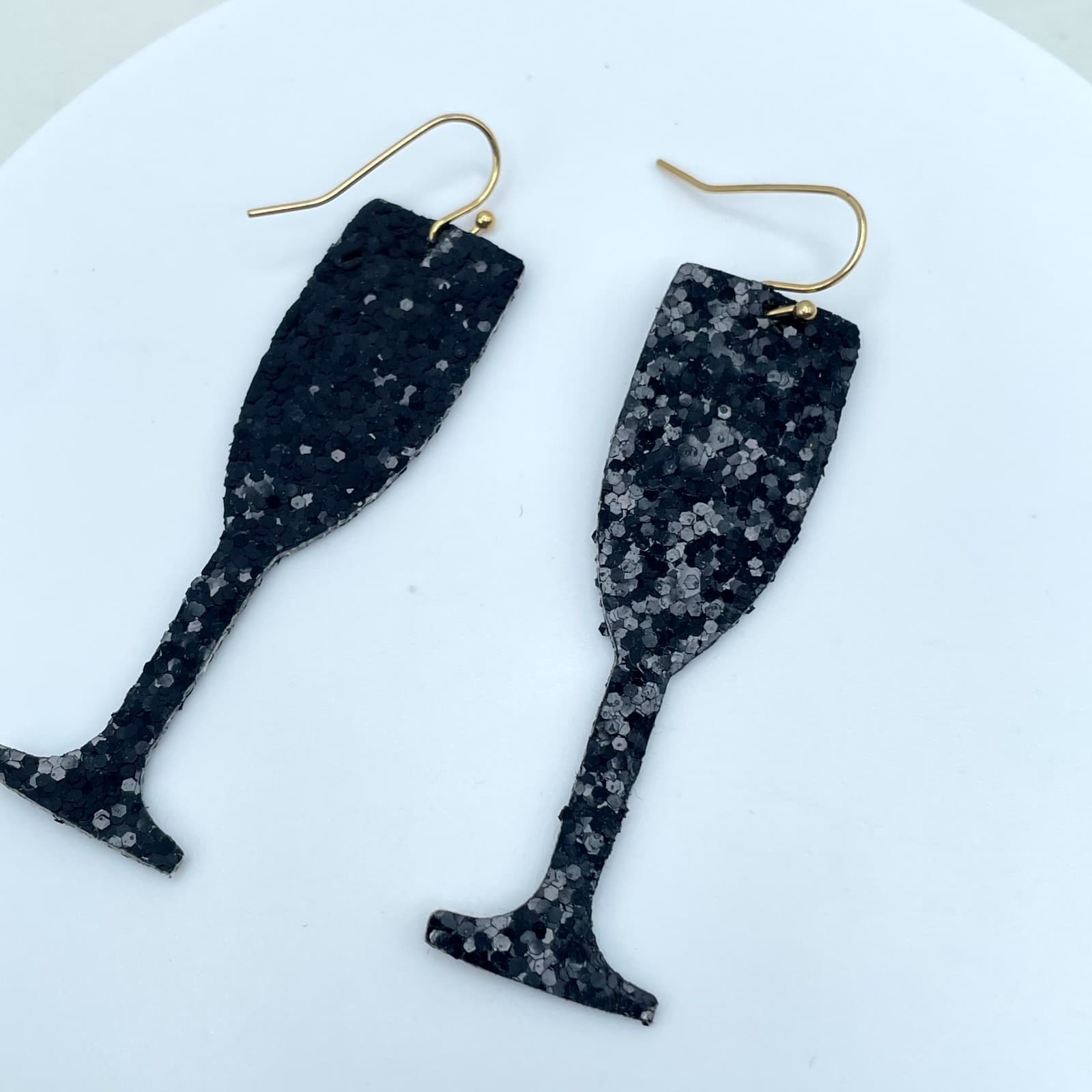 Vintage Black Glitter Champagne Flute Earrings New Years Eve Party Drink Jewelry - Image 1