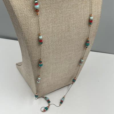 VTG Long Beaded Station Necklace Teal Red Multicolor Chain Layered Minimal Boho - Thumbnail 4
