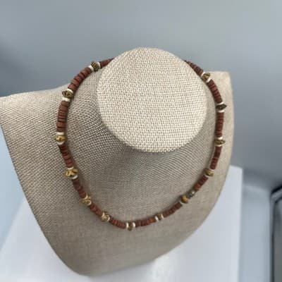 Vintage Earth Tone Beaded Necklace Brown Disc Beads Speckled Accent Boho Style - Thumbnail 5