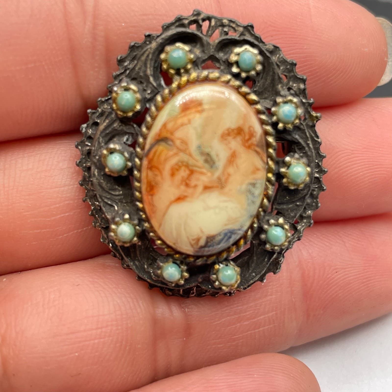 Vintage Victorian Classic Filigree Turquoise Transfer-Ware Beaded Cameo Brooch - Thumbnail 7