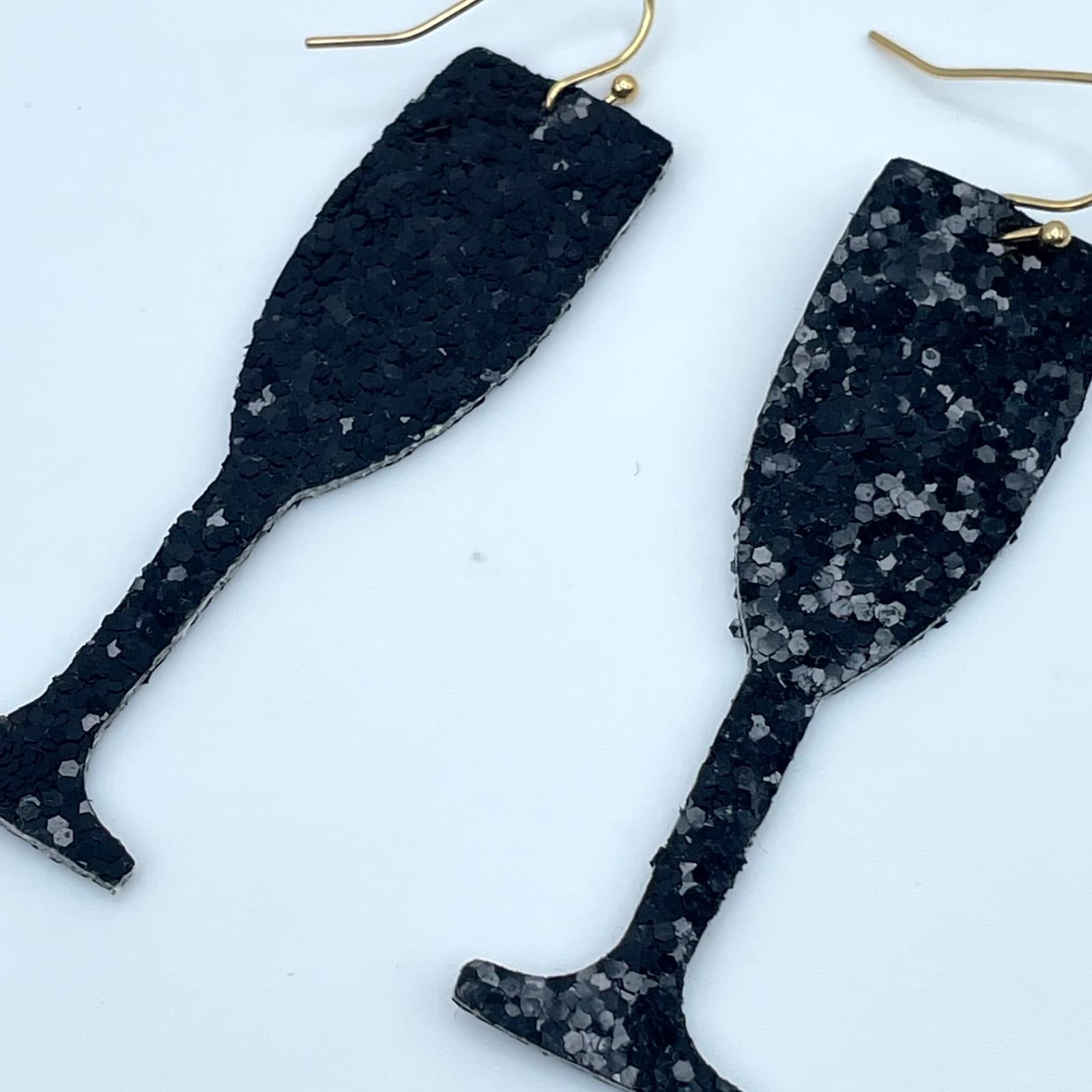Vintage Black Glitter Champagne Flute Earrings New Years Eve Party Drink Jewelry - Thumbnail 4