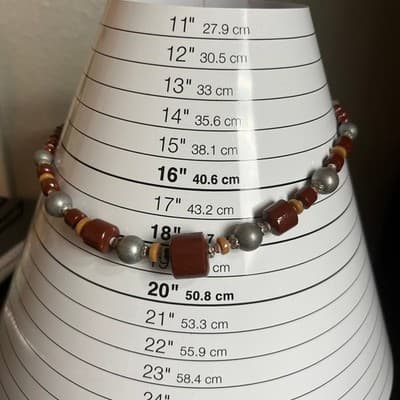 Vintage Rust Red Beaded Necklace Silver Tone Accents Large Center Bead Boho - Thumbnail 9
