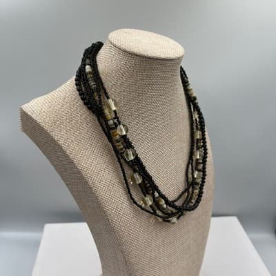 VTG Multi Strand Black Beaded Necklace Layered Shell Glass Mixed Media Statement - Thumbnail 5