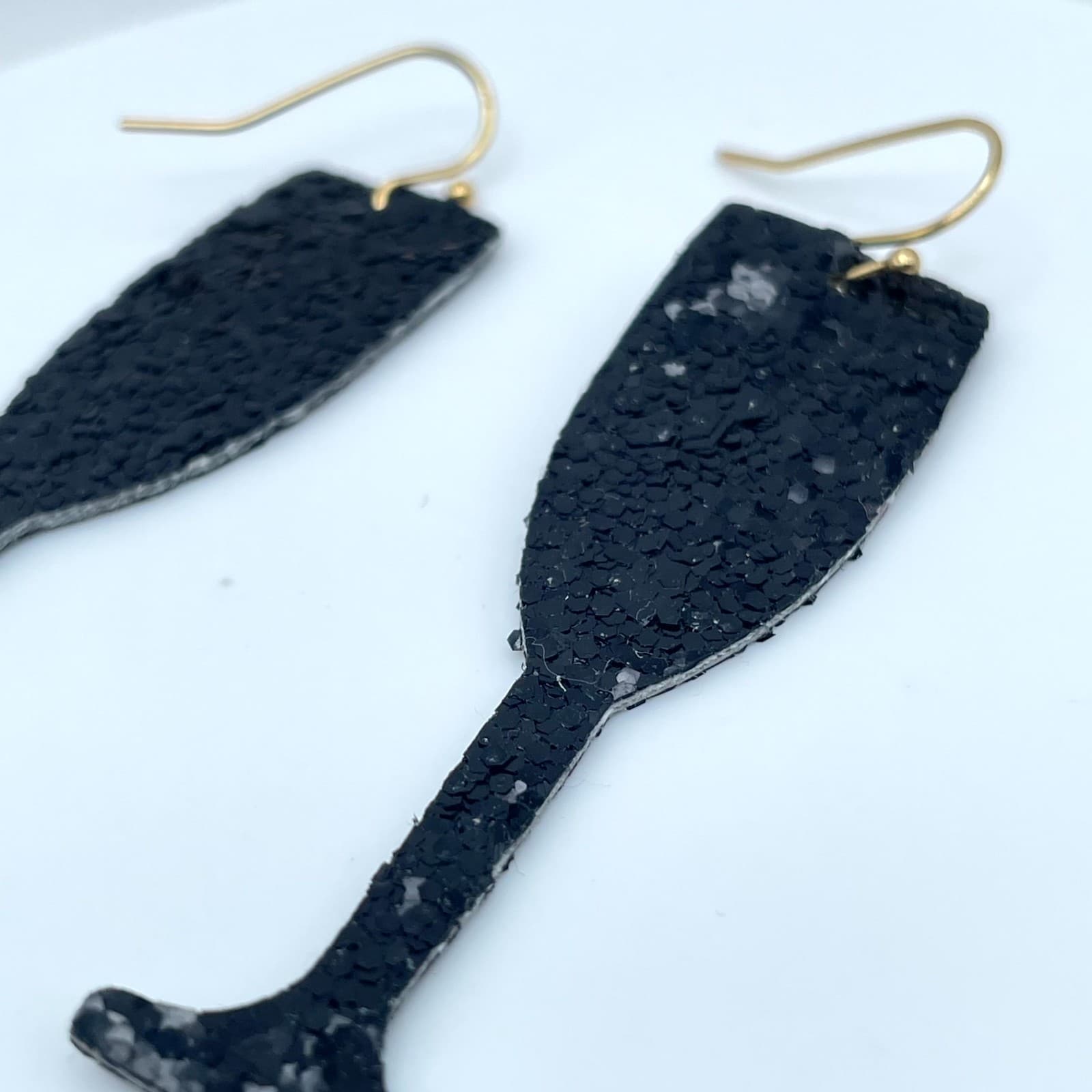 Vintage Black Glitter Champagne Flute Earrings New Years Eve Party Drink Jewelry - Thumbnail 2