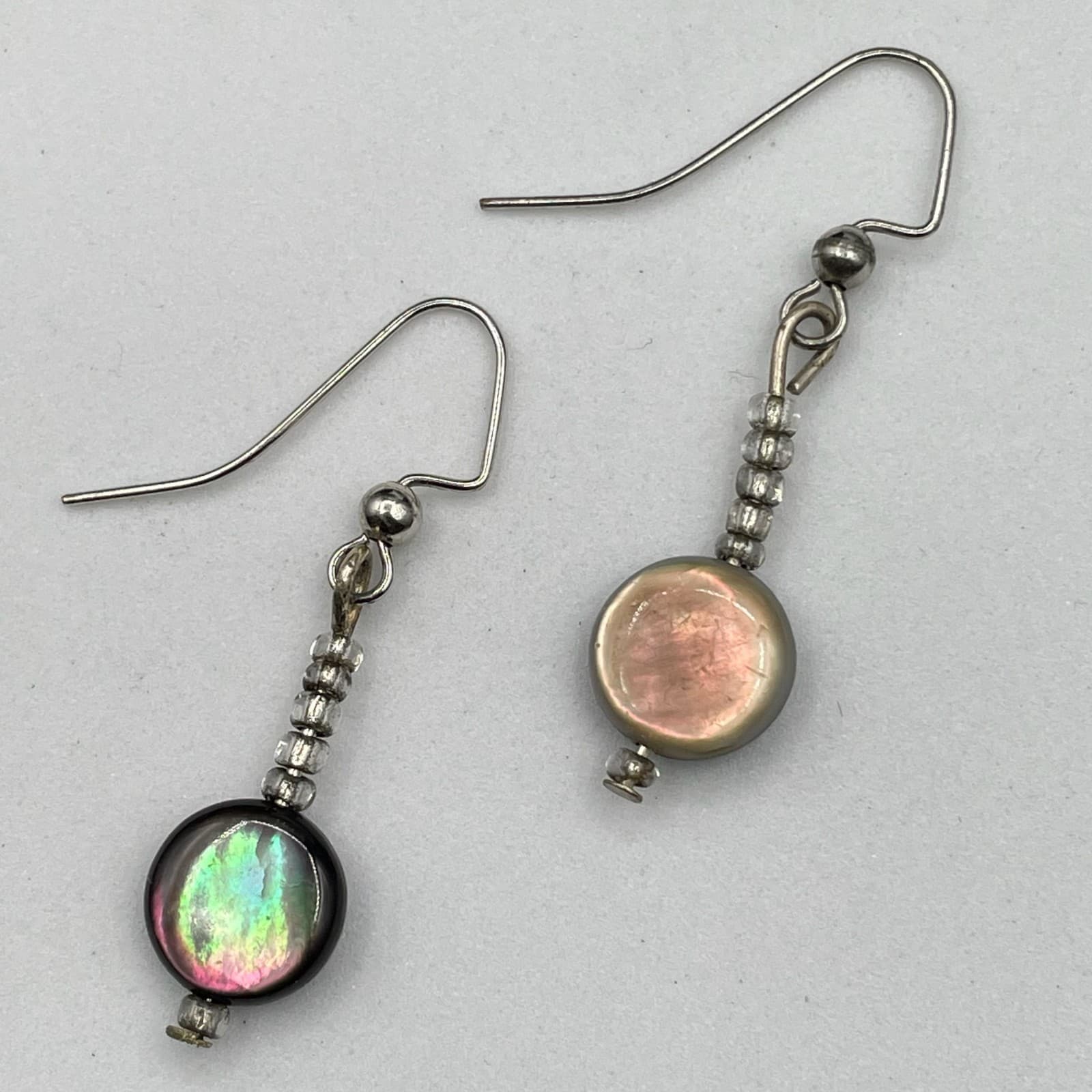 Silver-Tone Classic Seed Beads Iridescent Shell Coin Dangle French Hook Earrings - Image 1