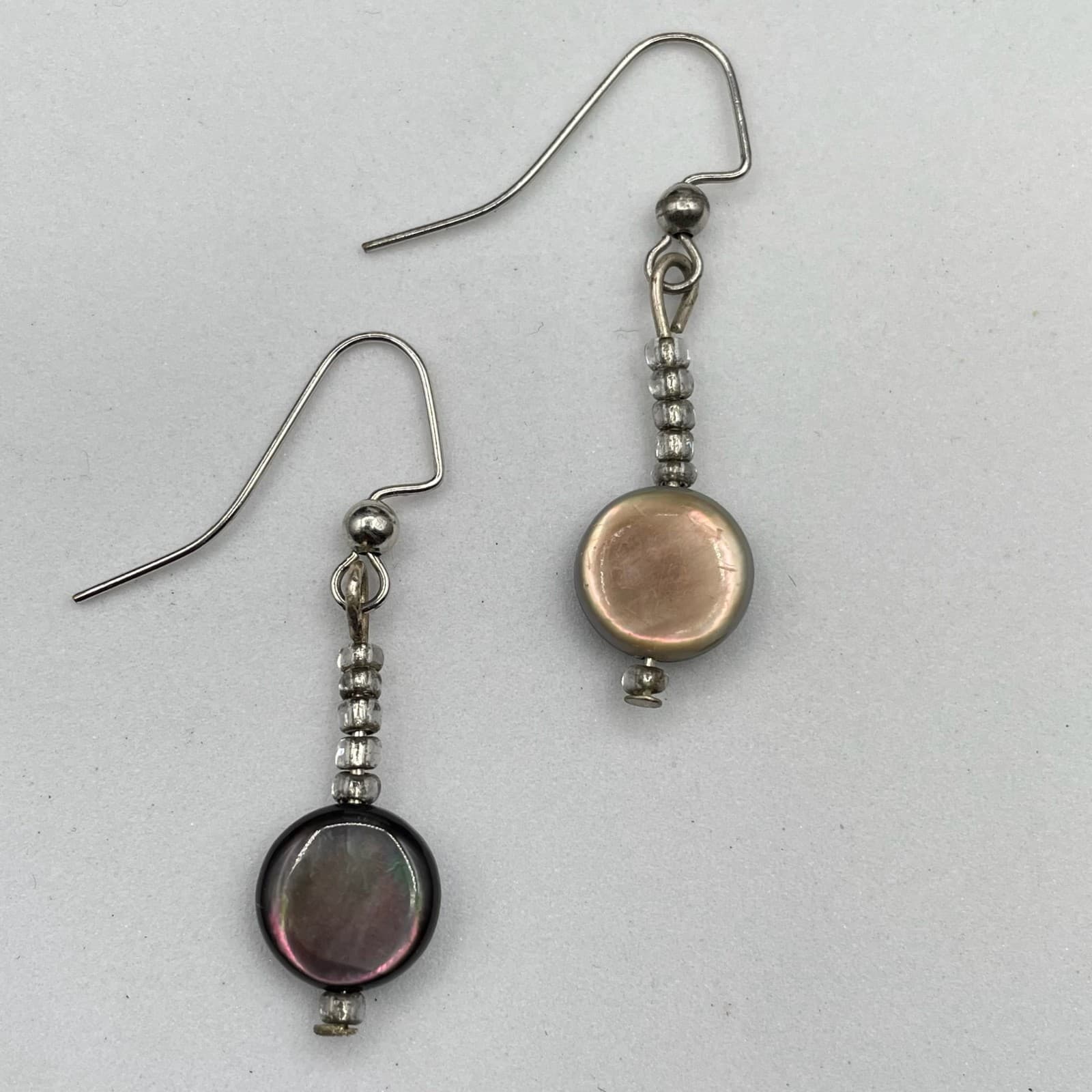 Silver-Tone Classic Seed Beads Iridescent Shell Coin Dangle French Hook Earrings - Thumbnail 2
