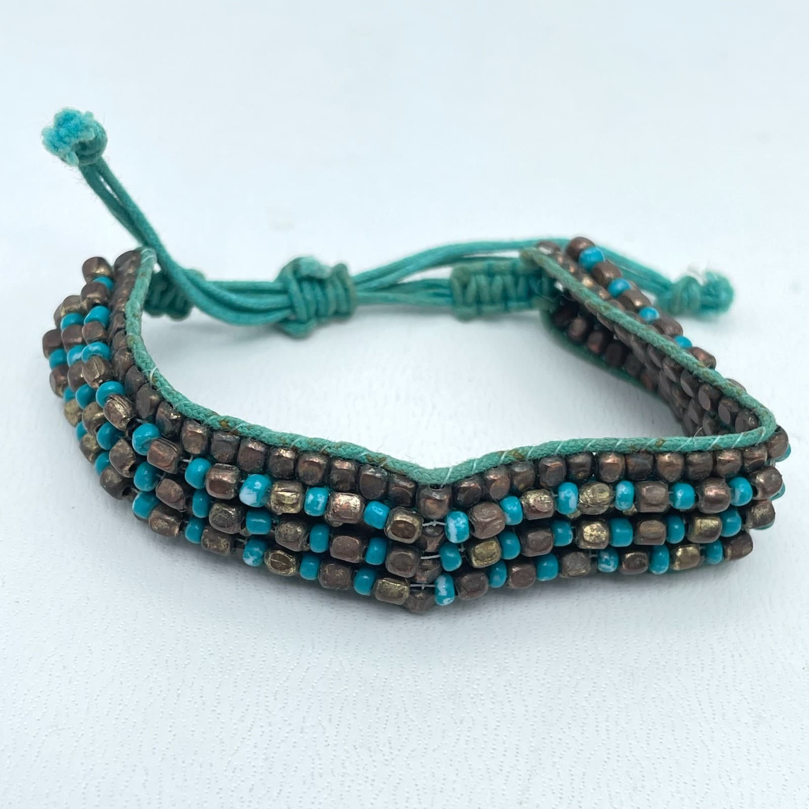 Handmade Turquoise Cord Bohemian-Style Seed Beads Woven Loom Beaded Bracelet - Thumbnail 4