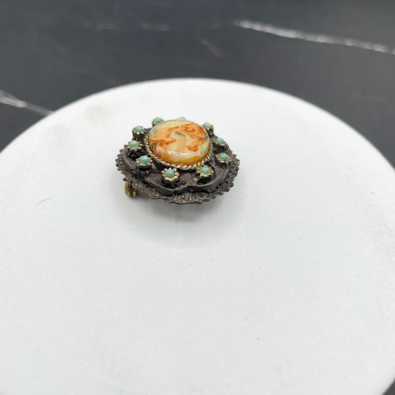 Vintage Victorian Classic Filigree Turquoise Transfer-Ware Beaded Cameo Brooch - Thumbnail 5