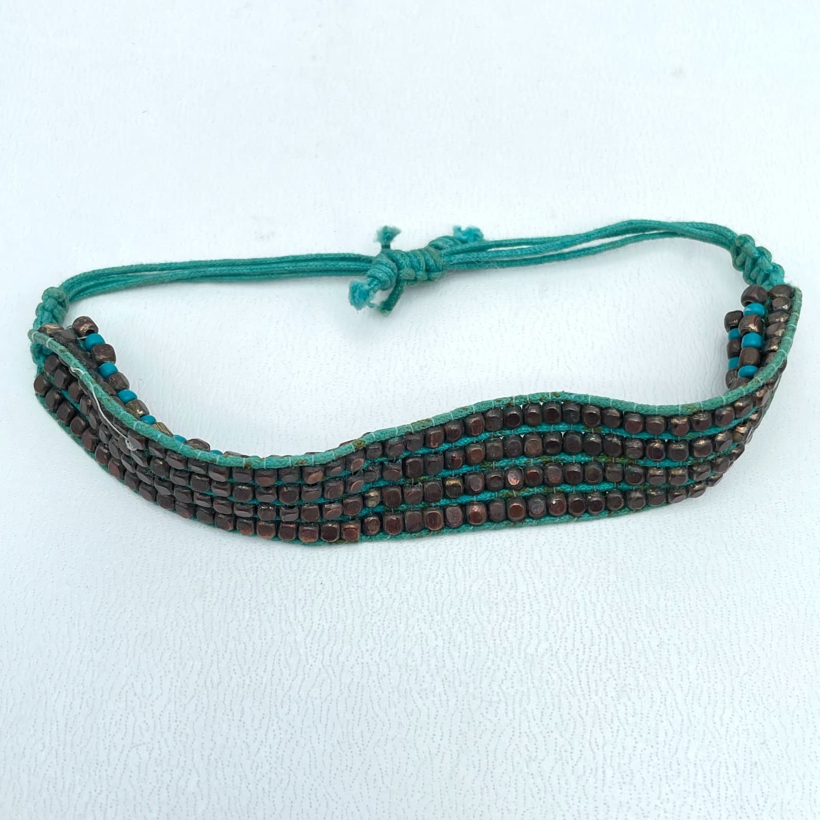 Handmade Turquoise Cord Bohemian-Style Seed Beads Woven Loom Beaded Bracelet - Image 1