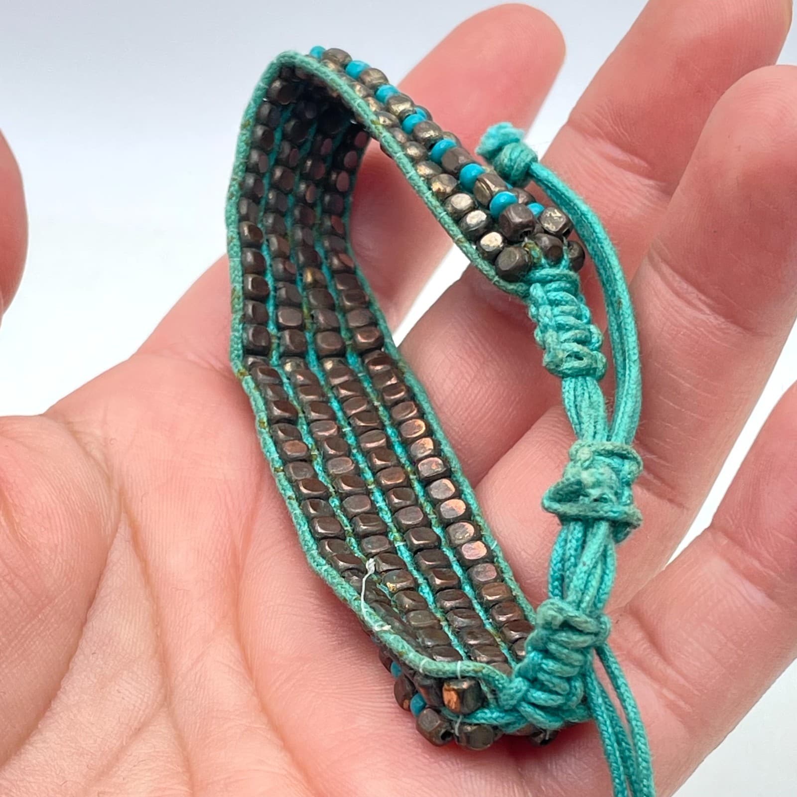 Handmade Turquoise Cord Bohemian-Style Seed Beads Woven Loom Beaded Bracelet - Thumbnail 7