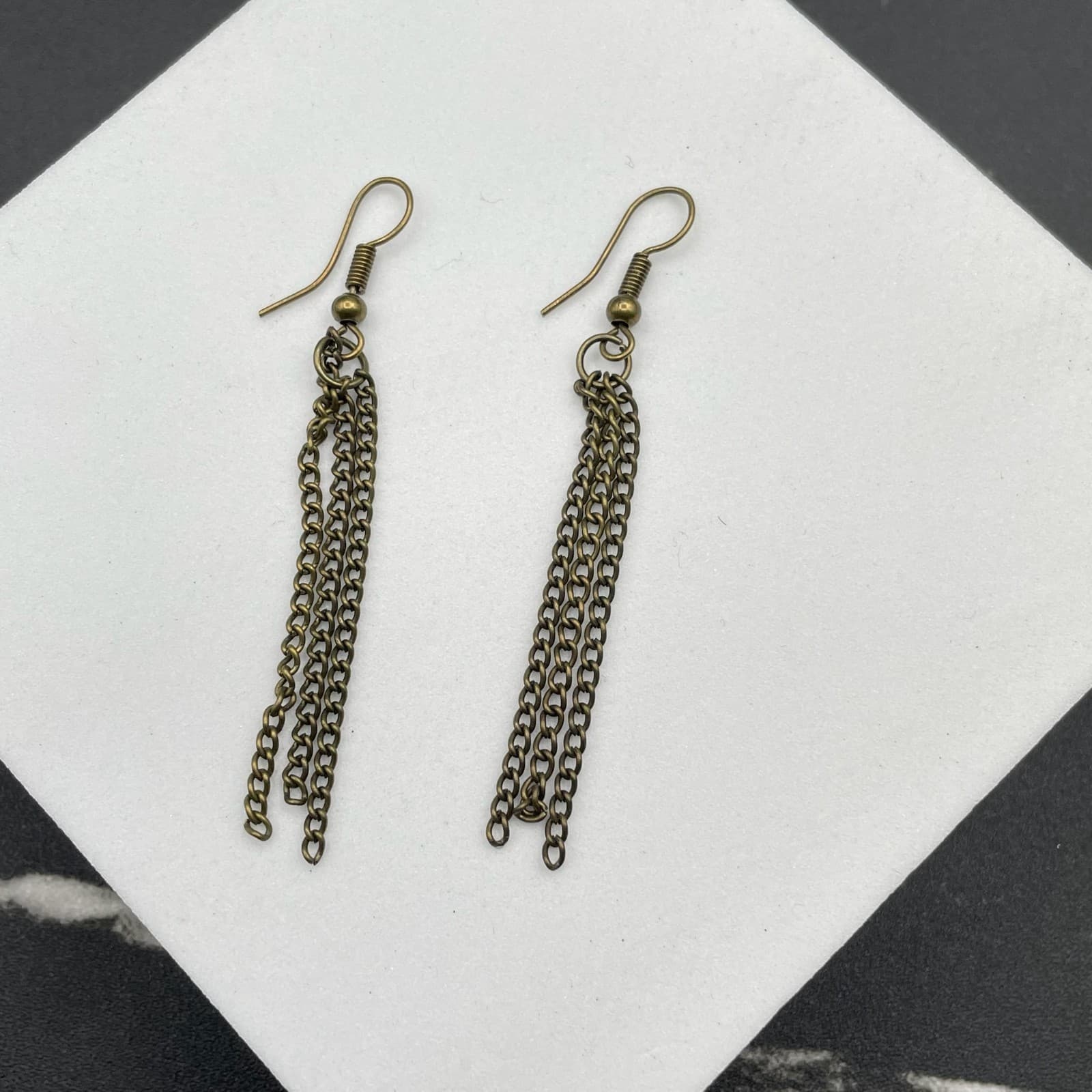 Classic Bronze-Tone Curb Chain Multi-Strand Tassel Dangle French Hook Earrings - Thumbnail 2