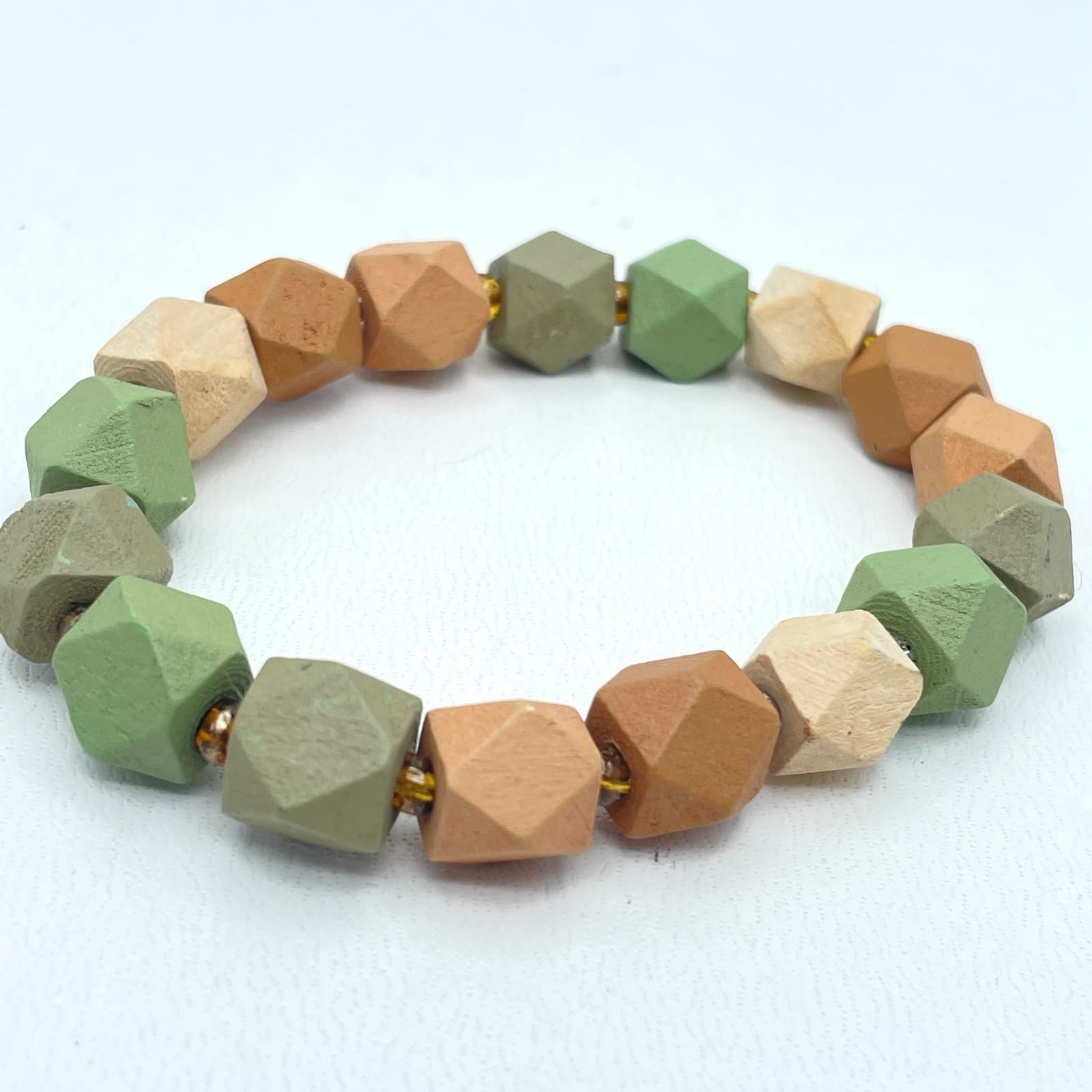 Boutique-Style Multicolor Painted Faceted Wood Seed Beaded Stretch Bracelet - Thumbnail 3