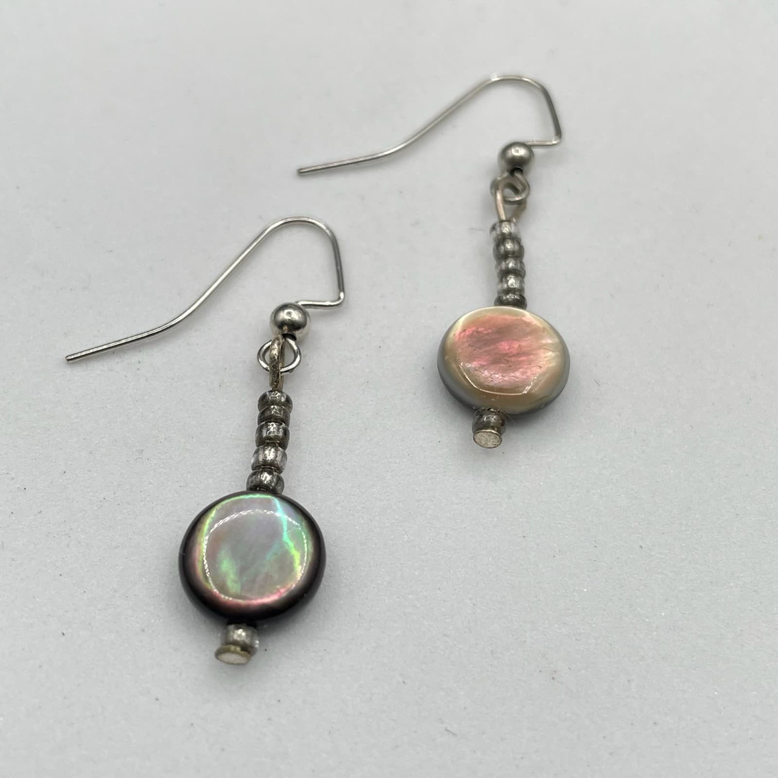 Silver-Tone Classic Seed Beads Iridescent Shell Coin Dangle French Hook Earrings - Thumbnail 3