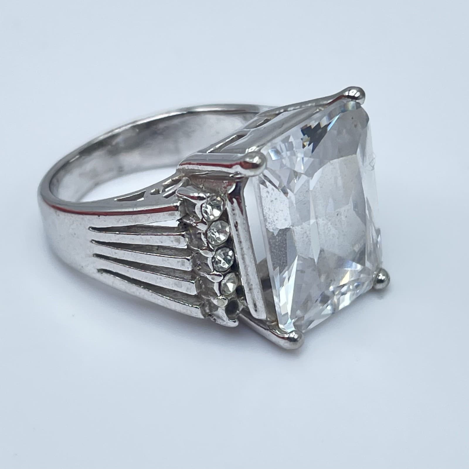 Large Emerald Cut Clear CZ Statement Ring Silver Tone Cocktail Jewelry Size 6.5 - Thumbnail 6