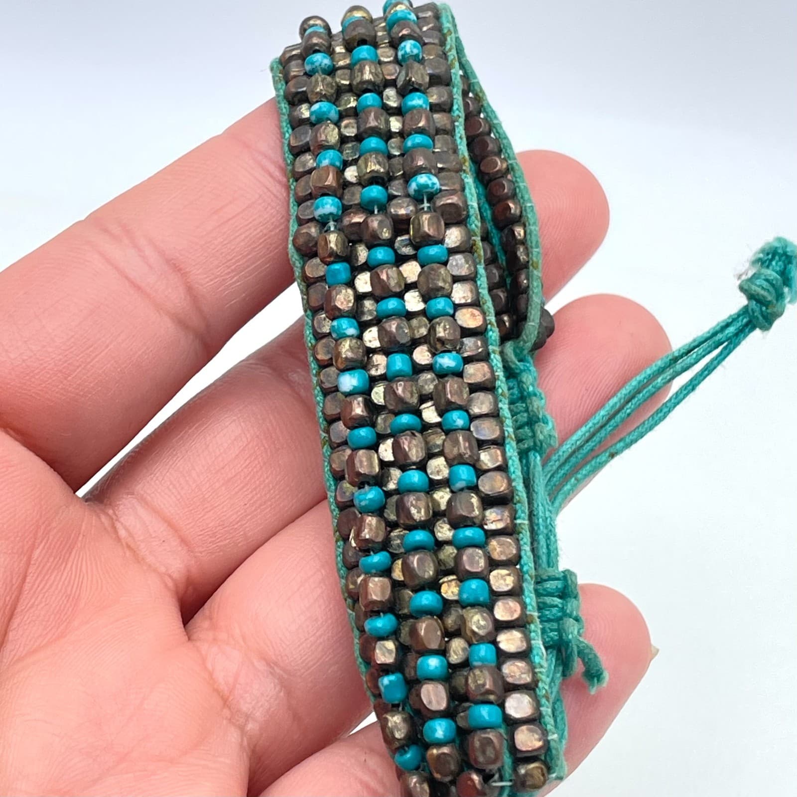 Handmade Turquoise Cord Bohemian-Style Seed Beads Woven Loom Beaded Bracelet - Thumbnail 6