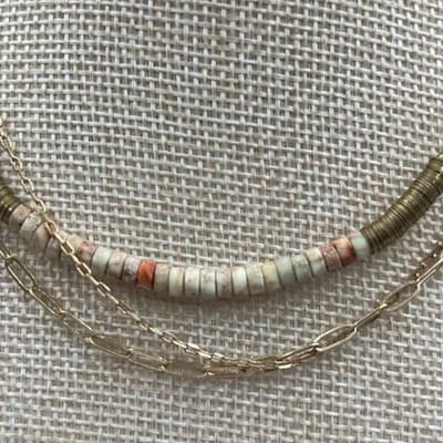 Vintage Gold Tone Layered Chain Necklace Beaded Bar Accent Minimalist Boho Style - Thumbnail 3