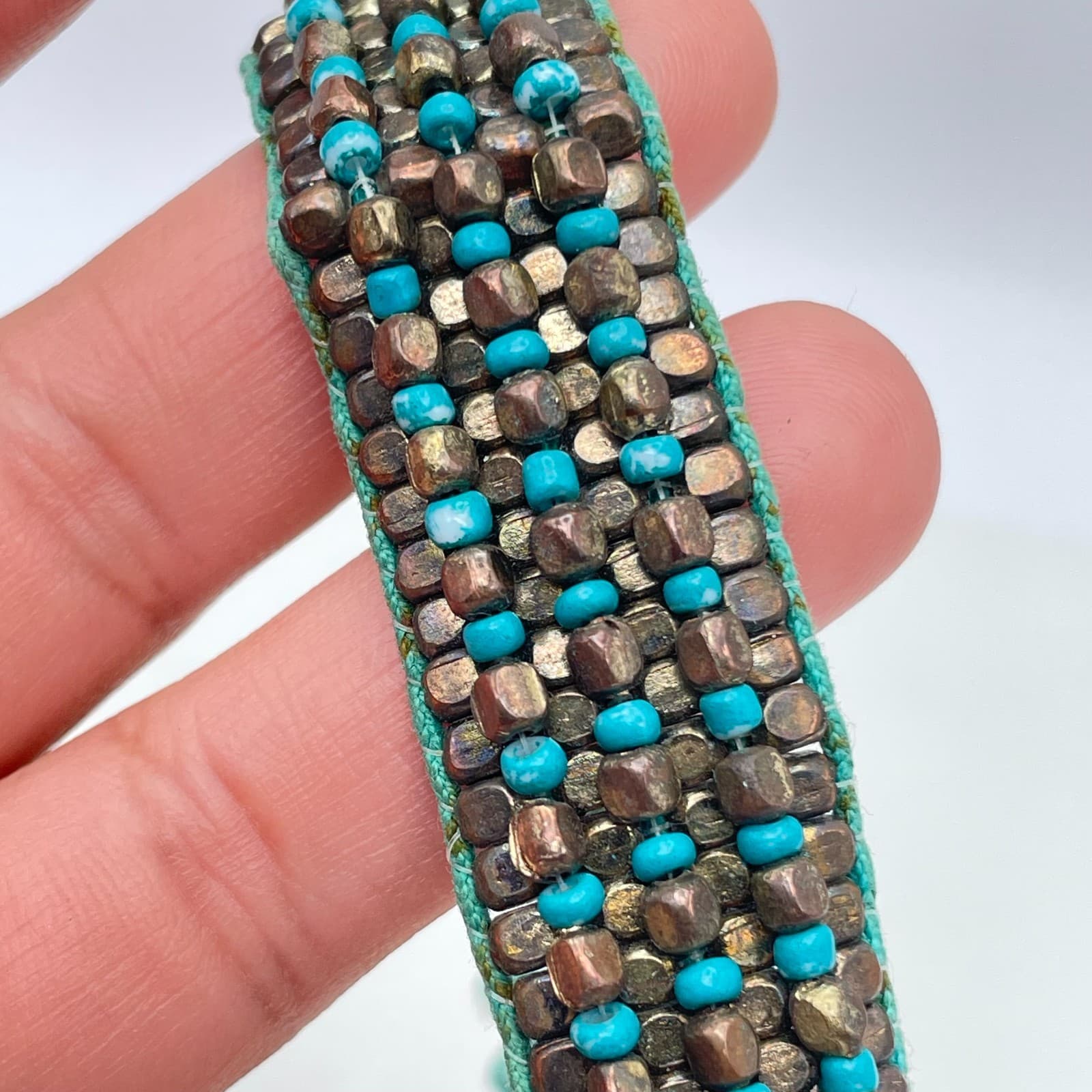Handmade Turquoise Cord Bohemian-Style Seed Beads Woven Loom Beaded Bracelet - Thumbnail 8