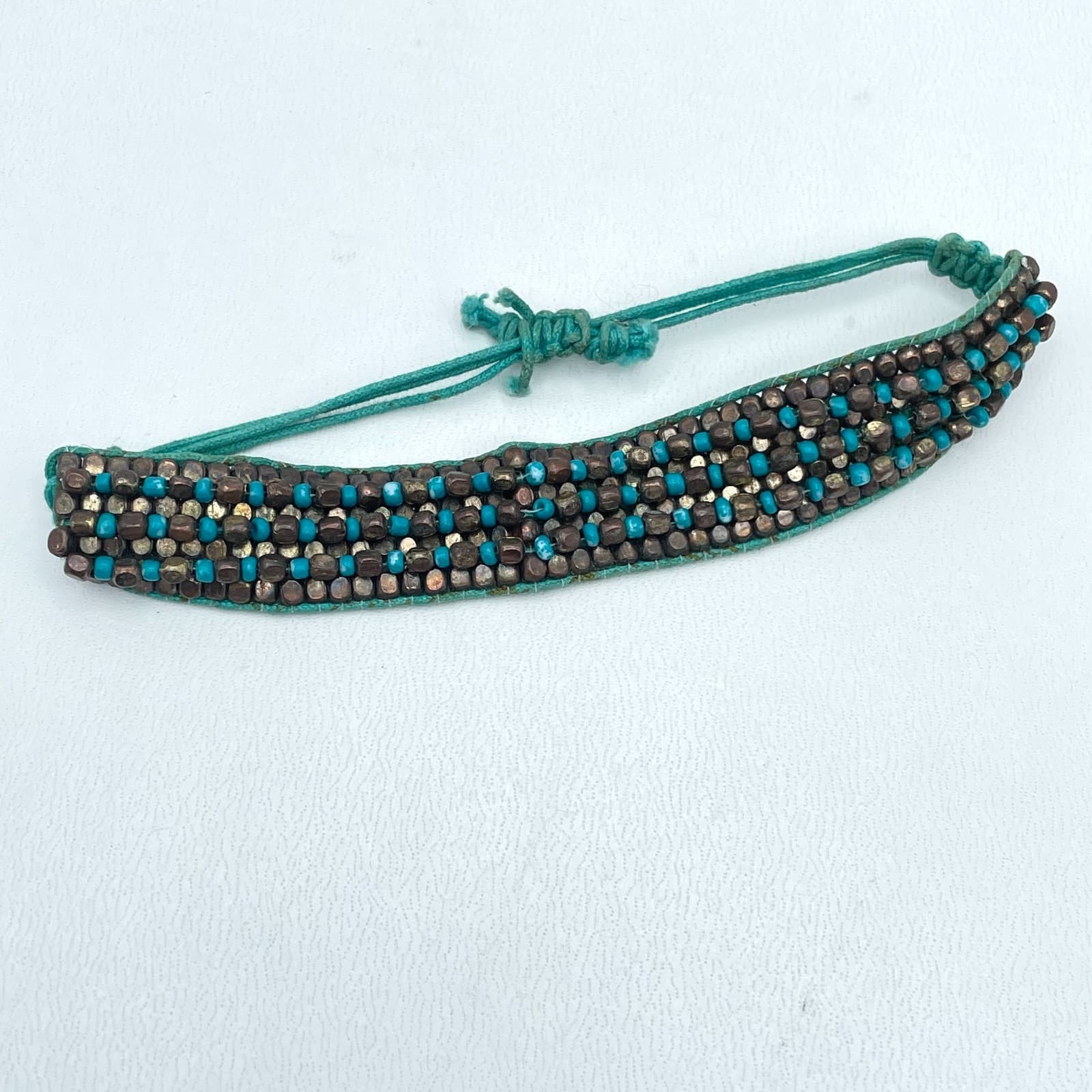 Handmade Turquoise Cord Bohemian-Style Seed Beads Woven Loom Beaded Bracelet - Thumbnail 3