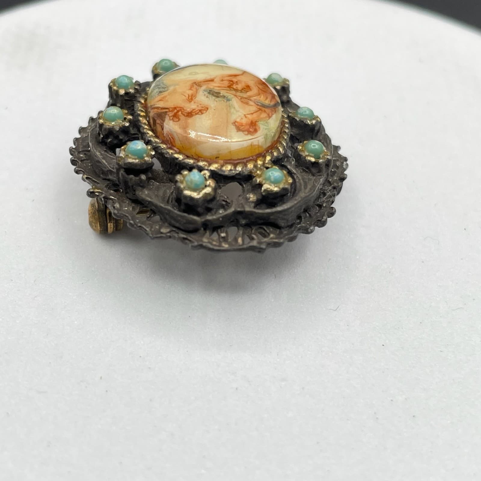 Vintage Victorian Classic Filigree Turquoise Transfer-Ware Beaded Cameo Brooch - Thumbnail 6
