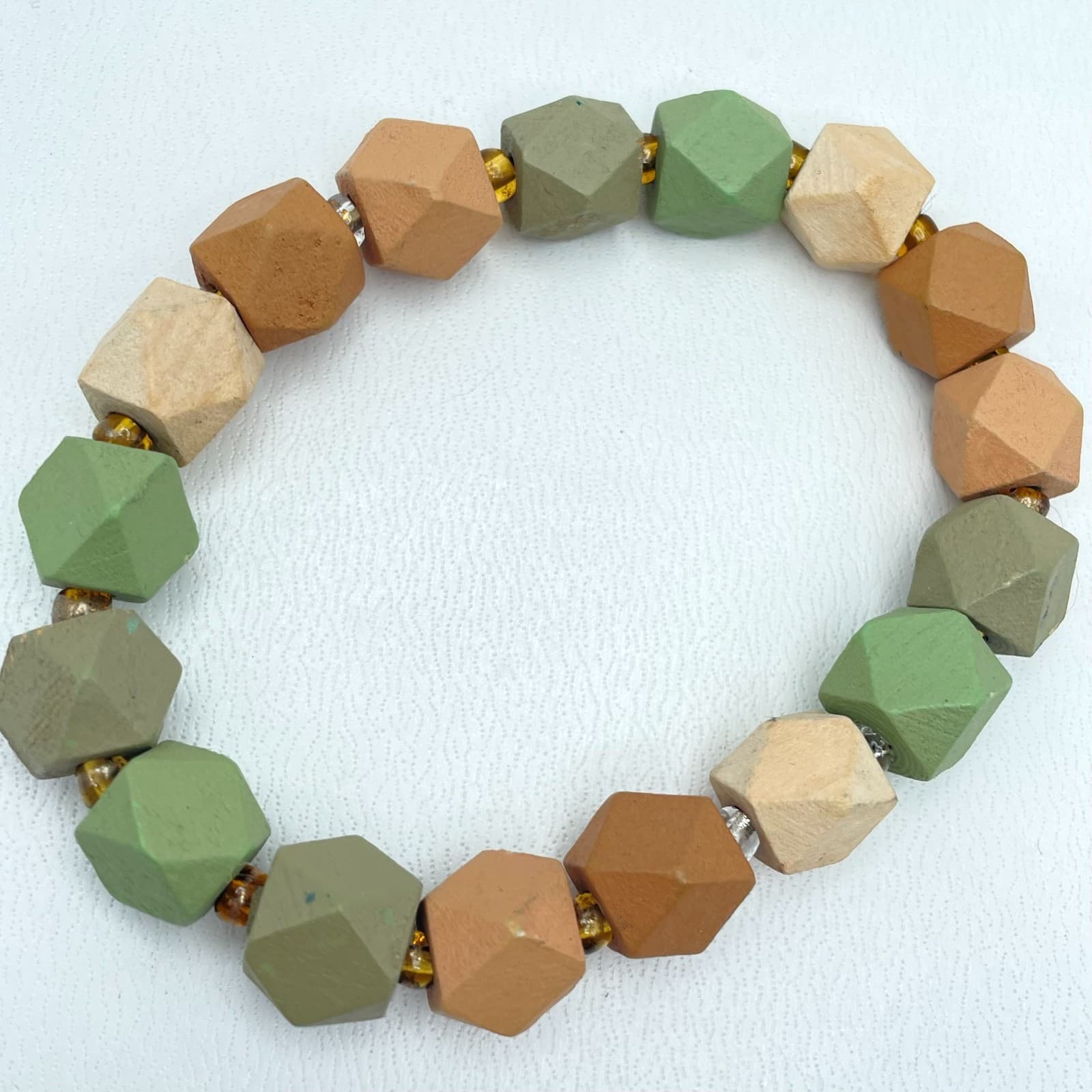 Boutique-Style Multicolor Painted Faceted Wood Seed Beaded Stretch Bracelet - Image 1