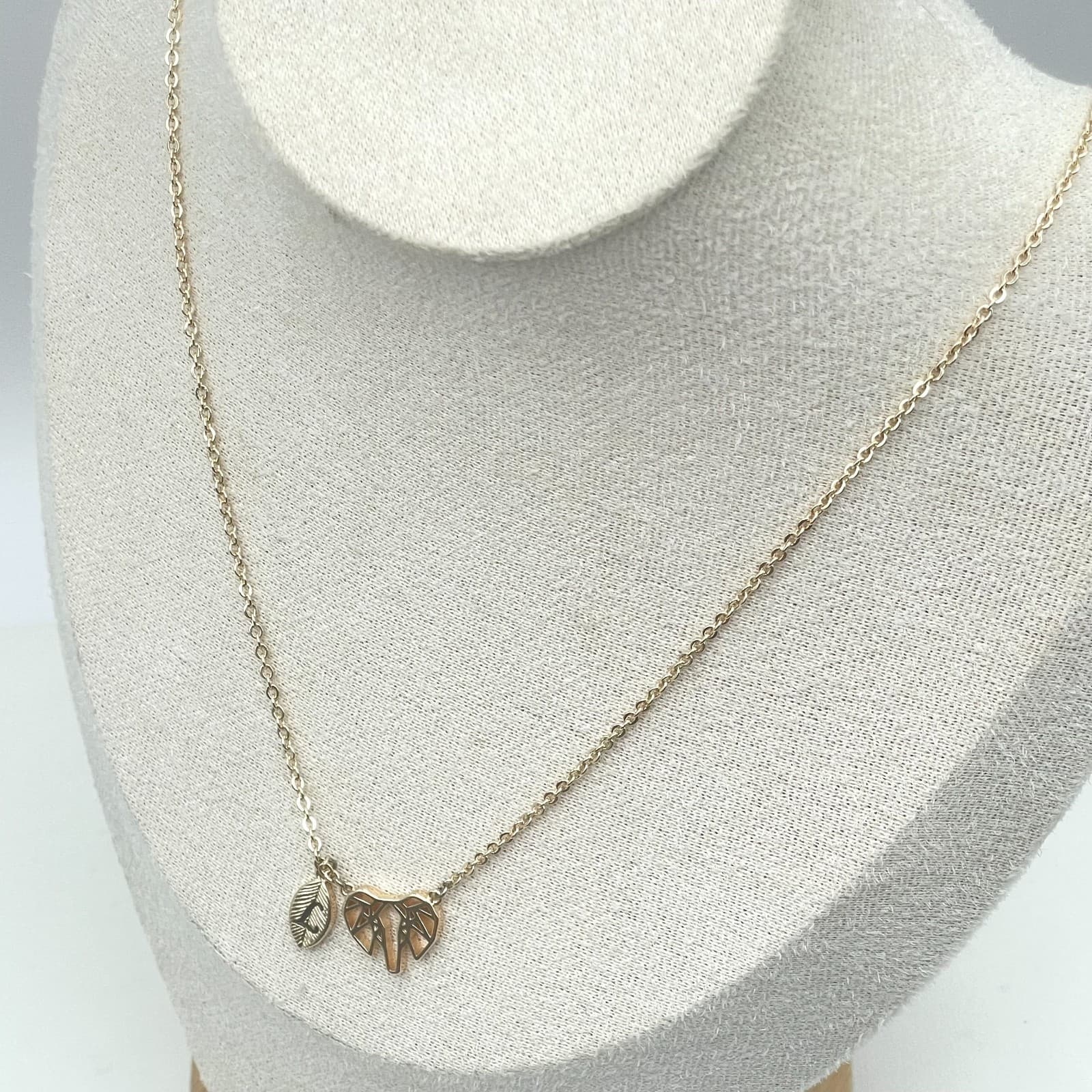 Gold-Tone Rolo Link Chain Origami Elephant Charm Leaf L Initial Pendant Necklace - Thumbnail 6