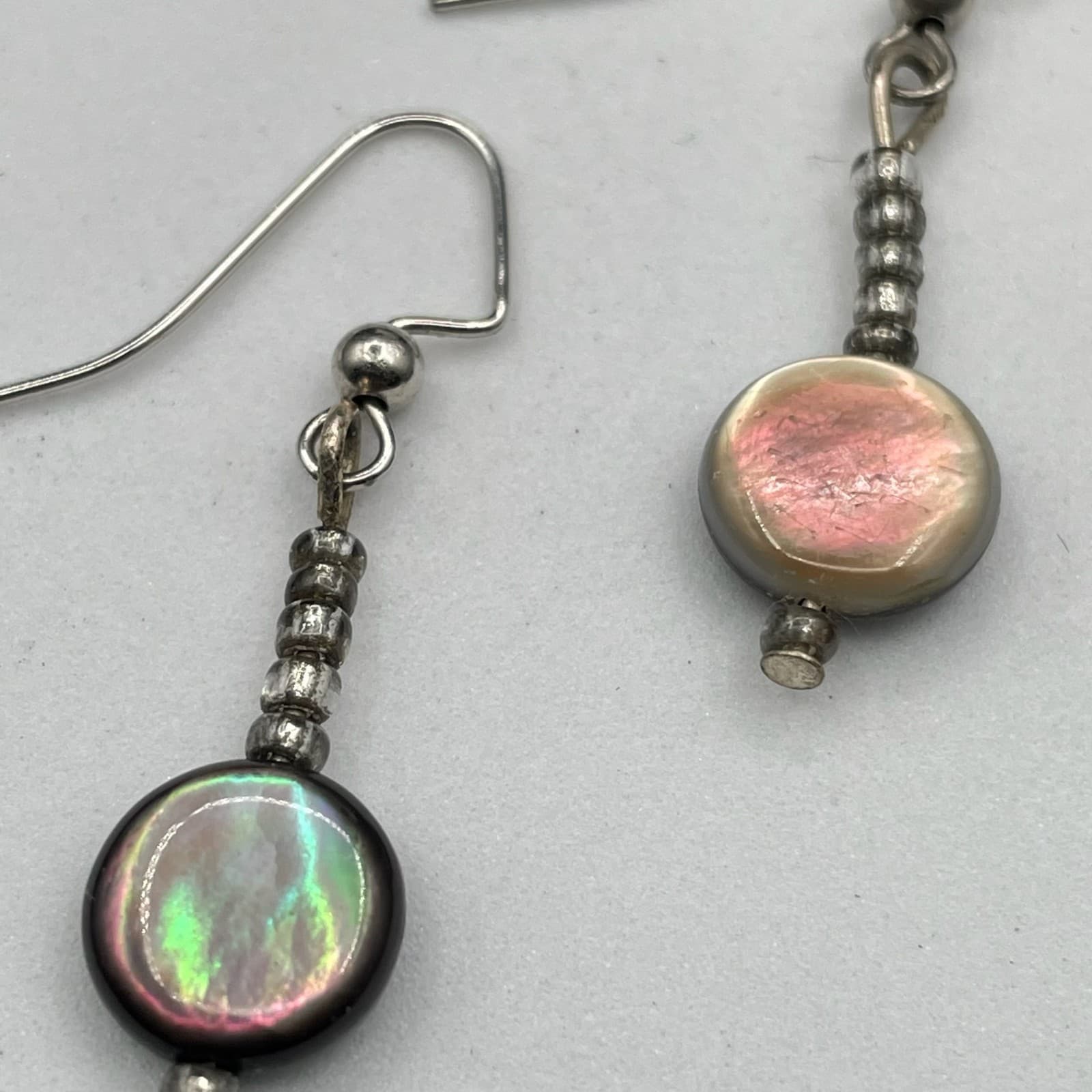 Silver-Tone Classic Seed Beads Iridescent Shell Coin Dangle French Hook Earrings - Thumbnail 4