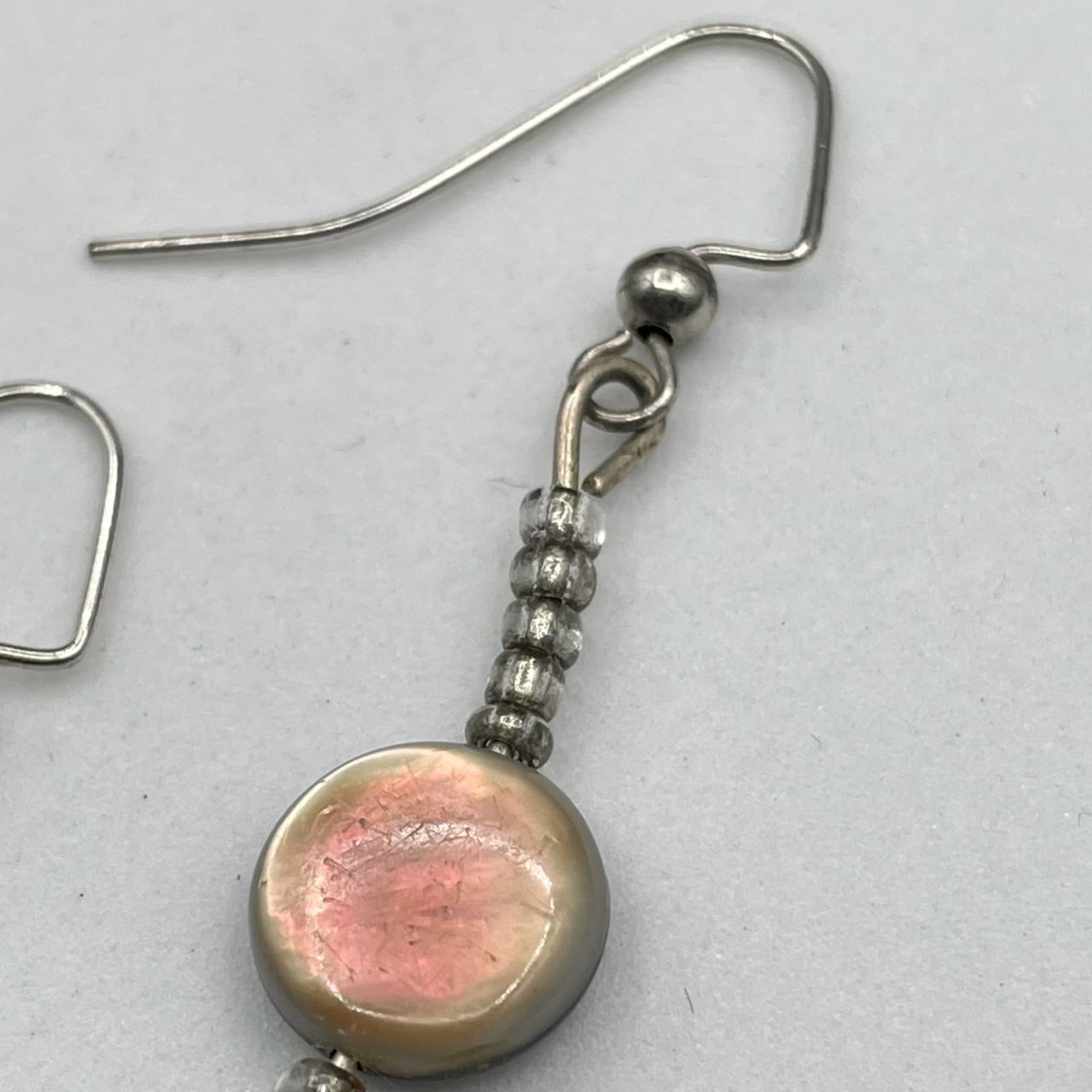 Silver-Tone Classic Seed Beads Iridescent Shell Coin Dangle French Hook Earrings - Thumbnail 6