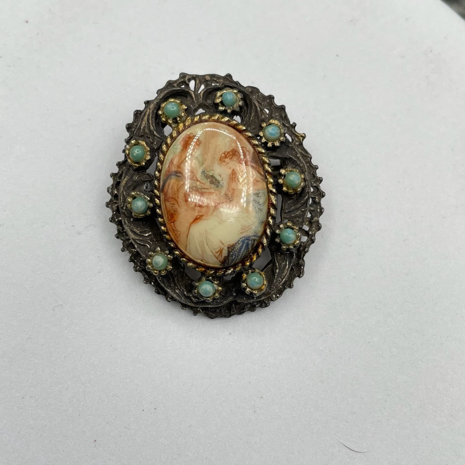 Vintage Victorian Classic Filigree Turquoise Transfer-Ware Beaded Cameo Brooch - Image 1
