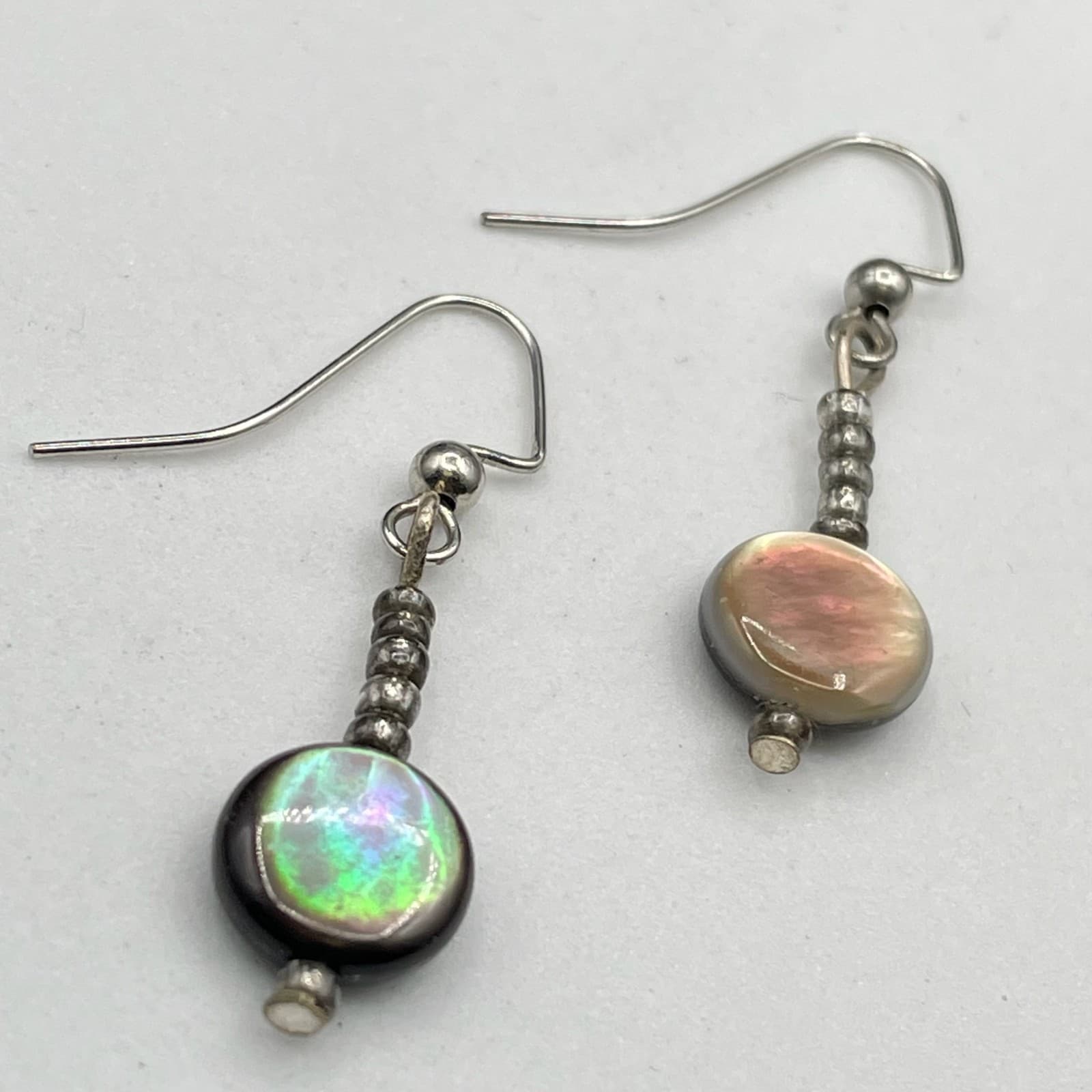Silver-Tone Classic Seed Beads Iridescent Shell Coin Dangle French Hook Earrings - Thumbnail 7