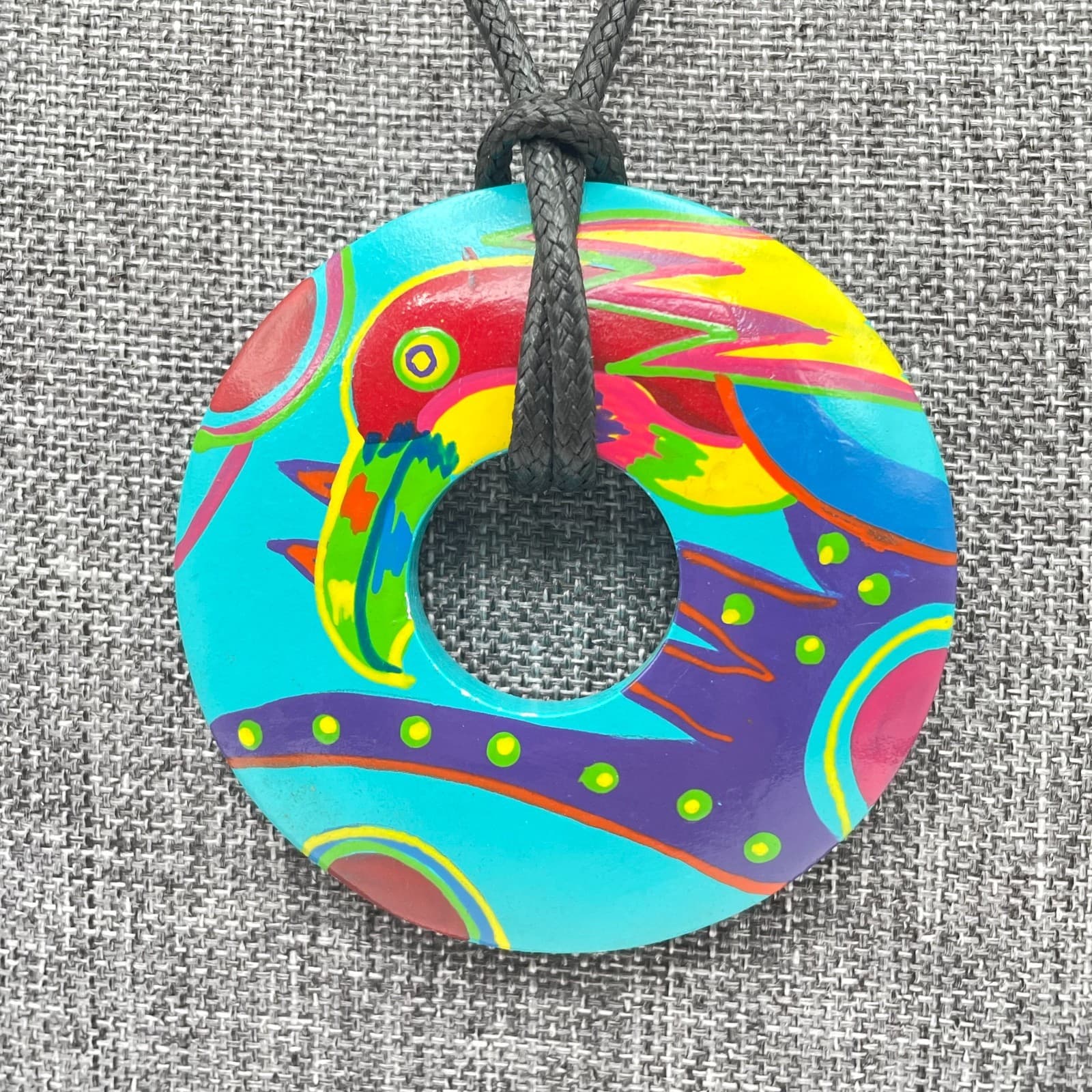Vintage Multi-Color Swirl Black Cord Hand-Painted Ceramic Bird Pendant Necklace - Thumbnail 8