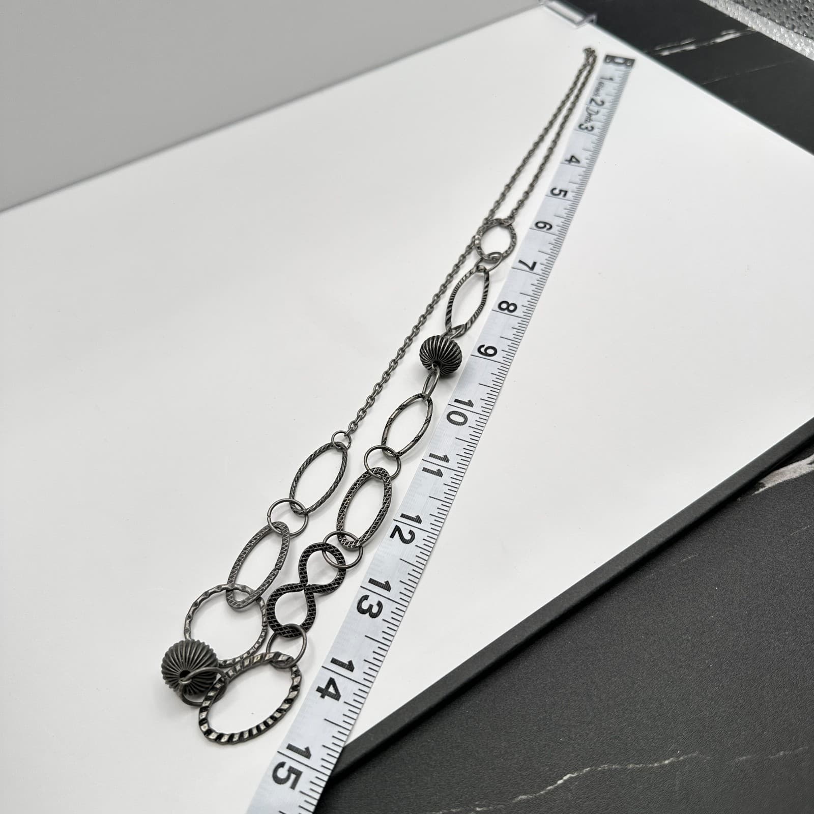 Vintage 90s Silver Tone Textured Link Statement Necklace Oval Chain Jewelry - Thumbnail 11