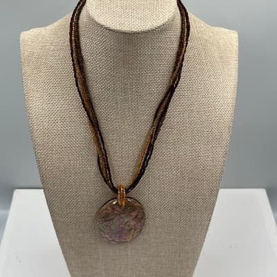 Vintage Multi Strand Bead Necklace Large Abalone Style Shell Pendant Brown Amber - Thumbnail 5