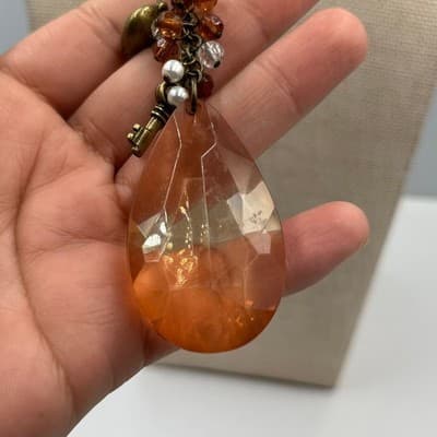 Vintage Amber Glass Teardrop Pendant Necklace Beaded Charm Cluster Bronze Tone - Thumbnail 5