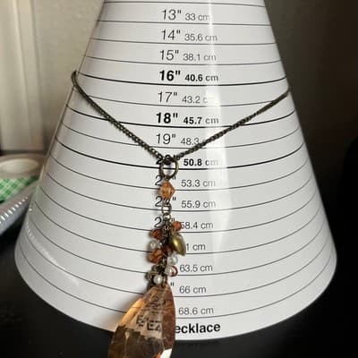 Vintage Amber Glass Teardrop Pendant Necklace Beaded Charm Cluster Bronze Tone - Thumbnail 8