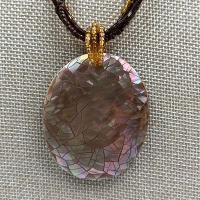 Vintage Multi Strand Bead Necklace Large Abalone Style Shell Pendant Brown Amber - Thumbnail 3