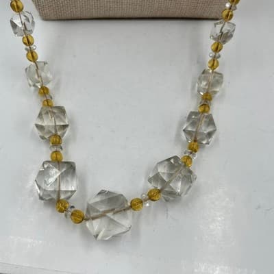 Vintage Clear Faceted "Crystal Ice" Bead Necklace Yellow Accent Long Statement - Thumbnail 3