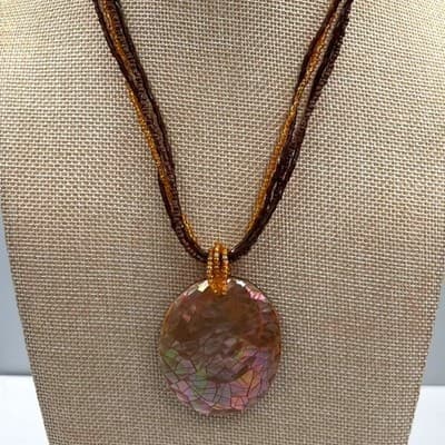 Vintage Multi Strand Bead Necklace Large Abalone Style Shell Pendant Brown Amber - Image 1