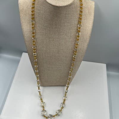 Vintage Clear Faceted "Crystal Ice" Bead Necklace Yellow Accent Long Statement - Thumbnail 4