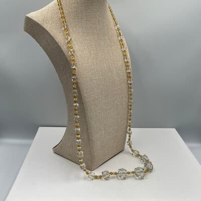 Vintage Clear Faceted "Crystal Ice" Bead Necklace Yellow Accent Long Statement - Thumbnail 5