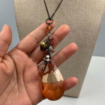 Vintage Amber Glass Teardrop Pendant Necklace Beaded Charm Cluster Bronze Tone - Thumbnail 4