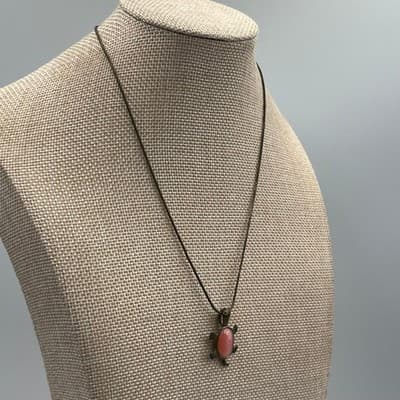 Vintage Turtle Pendant Necklace Pink Cat Eye Stone Bronze Tone Minimalist Charm - Thumbnail 7