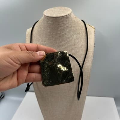 Vintage Chico's Gold Tone Square Pendant Necklace Black Cord Modern Statement - Thumbnail 4