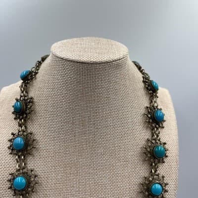 Vintage Turquoise Color Cabochon Statement Necklace Style Ornate Link Bohemian - Thumbnail 2
