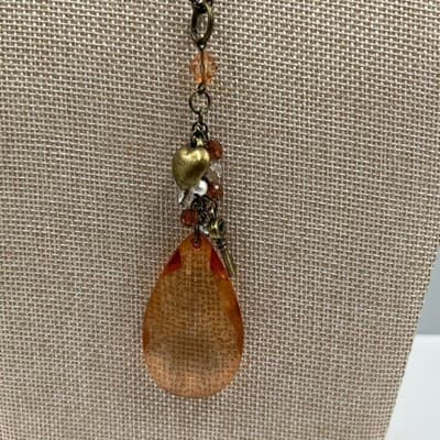 Vintage Amber Glass Teardrop Pendant Necklace Beaded Charm Cluster Bronze Tone - Thumbnail 3