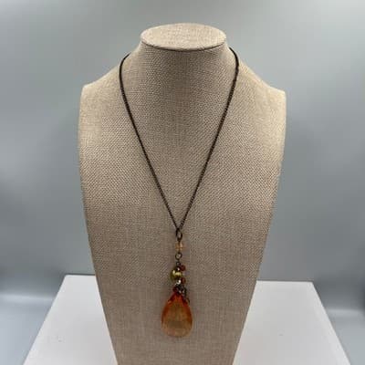 Vintage Amber Glass Teardrop Pendant Necklace Beaded Charm Cluster Bronze Tone - Image 1