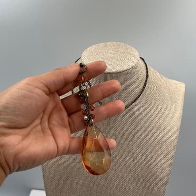 Vintage Amber Glass Teardrop Pendant Necklace Beaded Charm Cluster Bronze Tone - Thumbnail 6