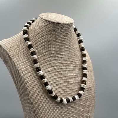 Vintage Brown White Coconut Shell Bead Necklace Natural Surfer Beach Style 20" - Thumbnail 4